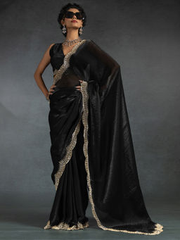 Sareemall - Women's Satin Silk Black Embellished Designer Saree with Unstitched Blouse