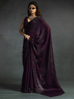 Sareemall - Women's Satin Silk Purple Embellished Designer Saree with Unstitched Blouse