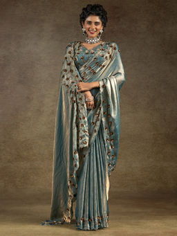 Sareemall - Women's Satin Silk Teal Blue Embellished Designer Saree with Unstitched Blouse