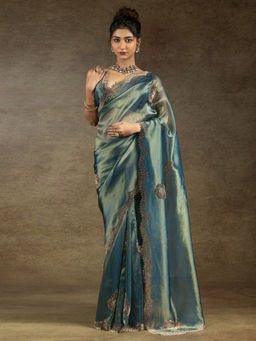Sareemall - Women's Banarasi Silk Teal Blue Embellished Designer Saree with Unstitched Blouse
