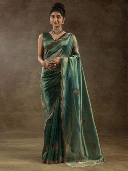 Sareemall - Women's Banarasi Silk Light Green Embellished Designer Saree with Unstitched Blouse