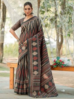 Sareemall - Women's Silk Blend Olive Printed Designer Saree with Unstitched Blouse