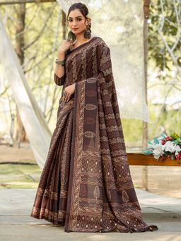Sareemall - Women's Silk Blend Brown Printed Designer Saree with Unstitched Blouse