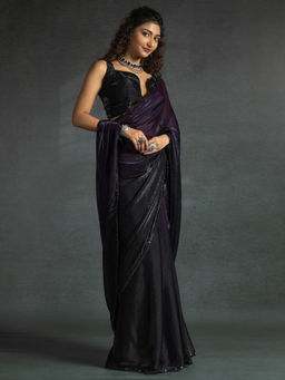 Sareemall - Women's Satin Silk Purple Embellished Ready To Wear Saree with Unstitched Blouse