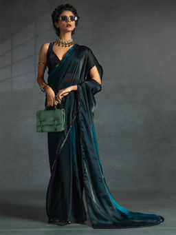 Sareemall - Women's Satin Silk Teal Green Embellished Ready To Wear Saree with Unstitched Blouse