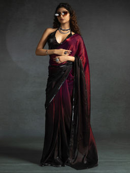 Sareemall - Women's Satin Silk Wine Embellished Ready To Wear Saree with Unstitched Blouse
