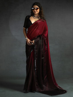Sareemall - Women's Satin Silk Maroon Embellished Ready To Wear Saree with Unstitched Blouse