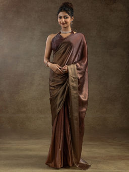Sareemall - Women's Satin Silk Dark Brown Half and Half Ready To Wear Saree with Unstitched Blouse