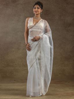 Sareemall - Women's Organza White Embellished Ready To Wear Saree with Unstitched Blouse