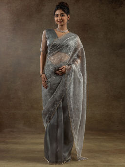 Sareemall - Women's Organza Grey Embellished Ready To Wear Saree with Unstitched Blouse