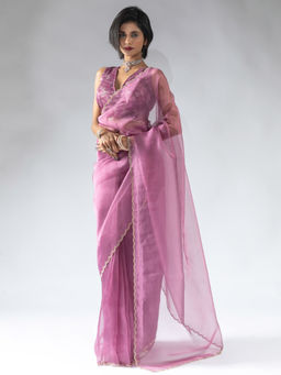 Sareemall - Women's Organza Purple Embellished Ready To Wear Saree with Unstitched Blouse