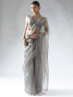 Sareemall - Women's Organza Grey Embellished Ready To Wear Saree with Unstitched Blouse