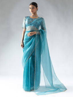 Sareemall - Women's Organza Light Blue Embellished Ready To Wear Saree with Unstitched Blouse