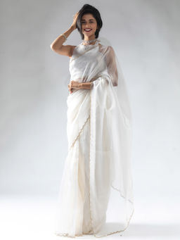 Sareemall - Women's Organza White Embellished Ready To Wear Saree with Unstitched Blouse