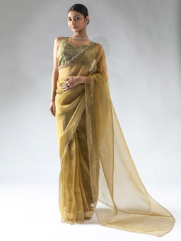 Sareemall - Women's Organza Olive Embellished Ready To Wear Saree with Unstitched Blouse