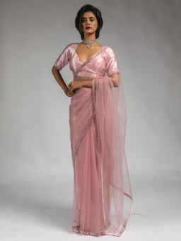 Sareemall - Women's Net Pink Embellished Ready To Wear Saree with Unstitched Blouse