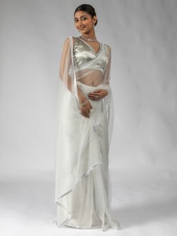 Sareemall - Women's Net White Embellished Ready To Wear Saree with Unstitched Blouse