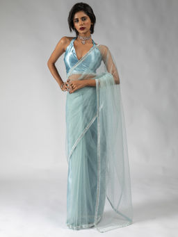 Sareemall - Women's Net Light Blue Embellished Ready To Wear Saree with Unstitched Blouse