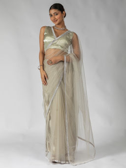 Sareemall - Women's Net Beige Embellished Ready To Wear Saree with Unstitched Blouse