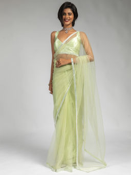 Sareemall - Women's Net Light Green Embellished Ready To Wear Saree with Unstitched Blouse