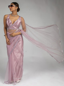 Sareemall - Women's Net Purple Embellished Ready To Wear Saree with Unstitched Blouse