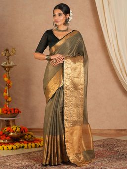 Sareemall - Women's Cotton Blend Grey Woven Saree with Unstitched Blouse