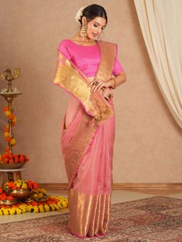Sareemall - Women's Cotton Blend Pink Woven Saree with Unstitched Blouse
