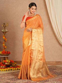Sareemall - Women's Cotton Blend Orange Woven Saree with Unstitched Blouse