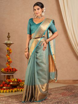 Sareemall - Women's Cotton Blend Light Blue Woven Saree with Unstitched Blouse