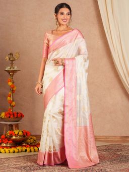 Sareemall - Women's Cotton Blend Off White Woven Saree with Unstitched Blouse