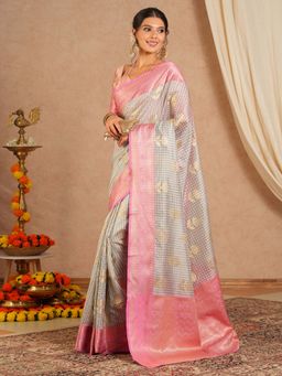 Sareemall - Women's Cotton Blend Grey Woven Saree with Unstitched Blouse