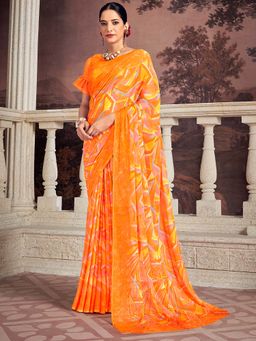 Sareemall - Women's Chiffon Orange Printed Designer Saree with Unstitched Blouse