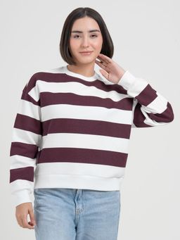 Red Tape - Maroon White Striped Sweatshirt for Women Modern Winter Everyday Comfort