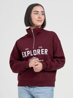 Red Tape - Dark Maroon Half-Zip Sweatshirt for Women Cozy Casual Comfort