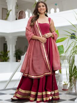 Lavanya The Label - Maroon Cotton Flared Anarkali With Dupatta (Set of 3)