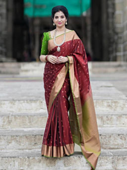 Anjaneya Sarees - Maroon Woven Saree with Unstitched Blouse