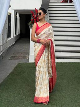 Anjaneya Sarees - Beige Woven Saree with Unstitched Blouse