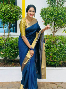 Anjaneya Sarees - Blue Solid/Plain Saree with Unstitched Blouse
