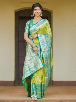 Anjaneya Sarees - Green Solid/Plain Saree with Unstitched Blouse