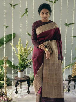 Anjaneya Sarees - Maroon Woven Saree with Unstitched Blouse