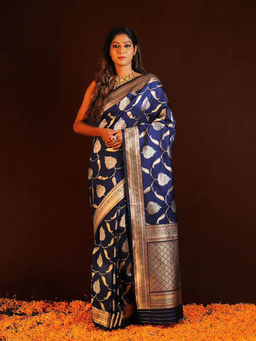 Anjaneya Sarees - Navy Blue Woven Saree with Unstitched Blouse