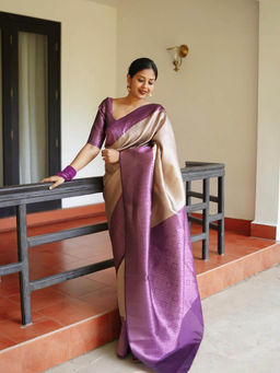 Anjaneya Sarees - Beige Woven Saree with Unstitched Blouse