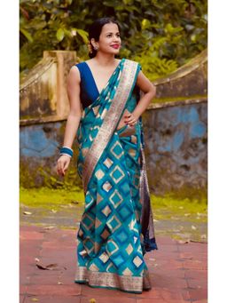 Anjaneya Sarees - Teal Woven Saree with Unstitched Blouse