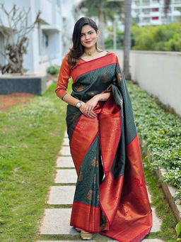 Anjaneya Sarees - Green Woven Saree with Unstitched Blouse