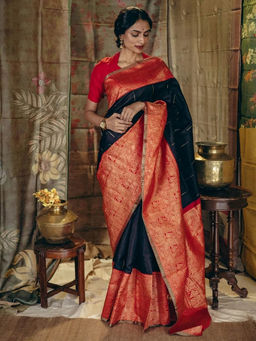 Anjaneya Sarees - Black Woven Saree with Unstitched Blouse