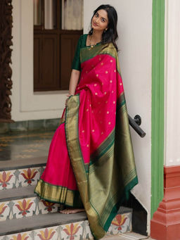 Anjaneya Sarees - Pink Woven Saree with Unstitched Blouse