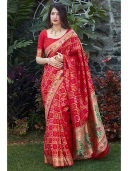 Anjaneya Sarees - Red Woven Saree with Unstitched Blouse