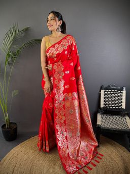 Elora - Red Woven Saree with Unstitched Blouse