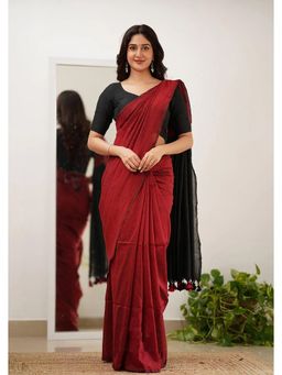 Anjaneya Sarees - Red Solid/Plain Saree with Unstitched Blouse