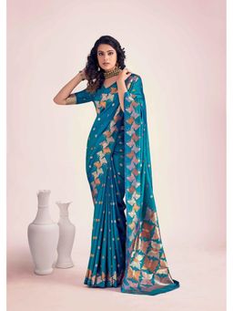 Anjaneya Sarees - Teal Printed Saree with Unstitched Blouse
